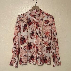 Floral Button-Up Blouse - Red and Cream